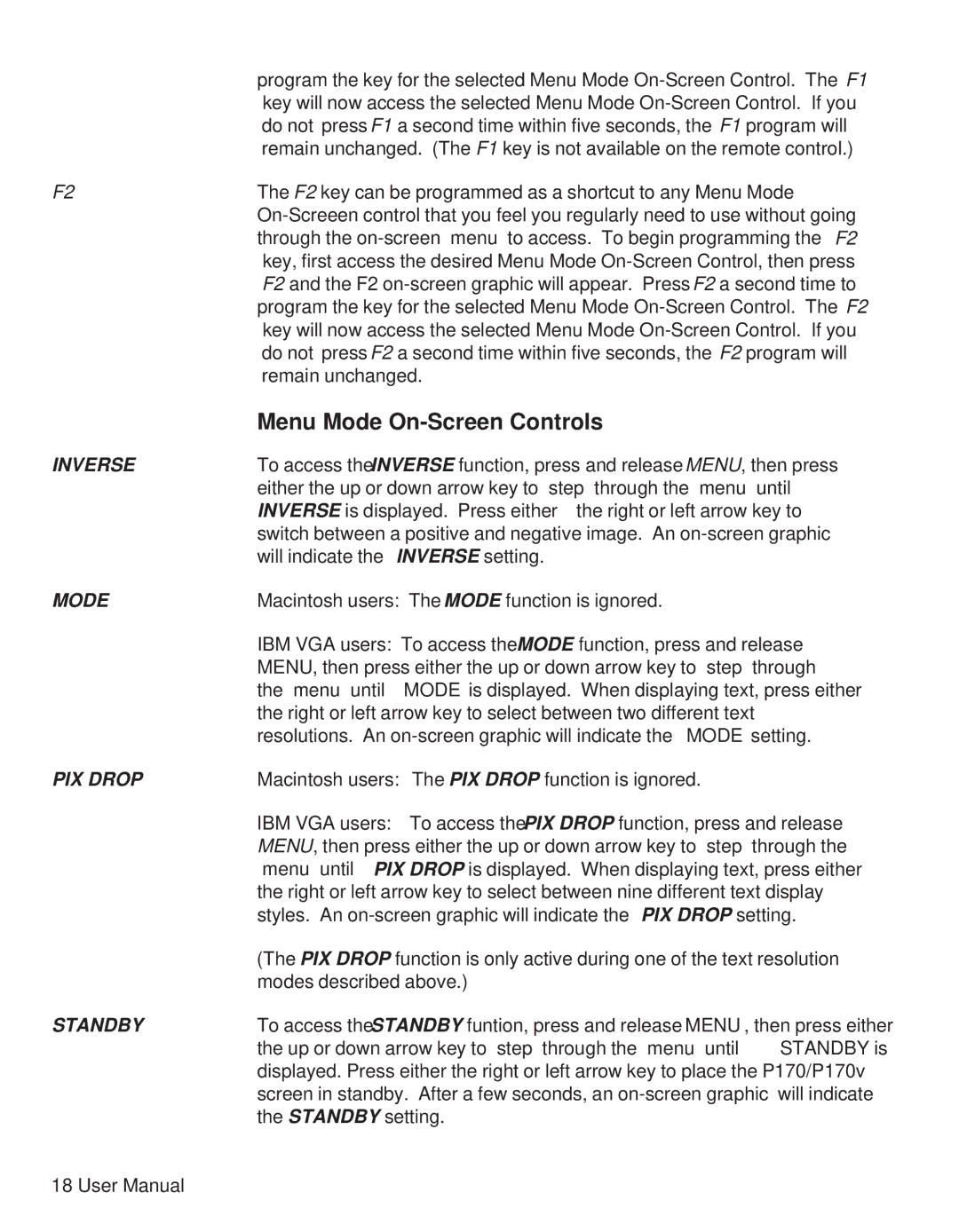 Telex P170 user manual Menu Mode On-Screen Controls, Inverse 