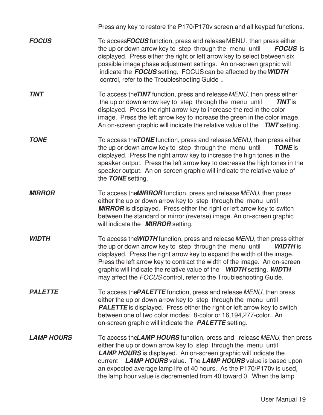 Telex P170 user manual Focus 