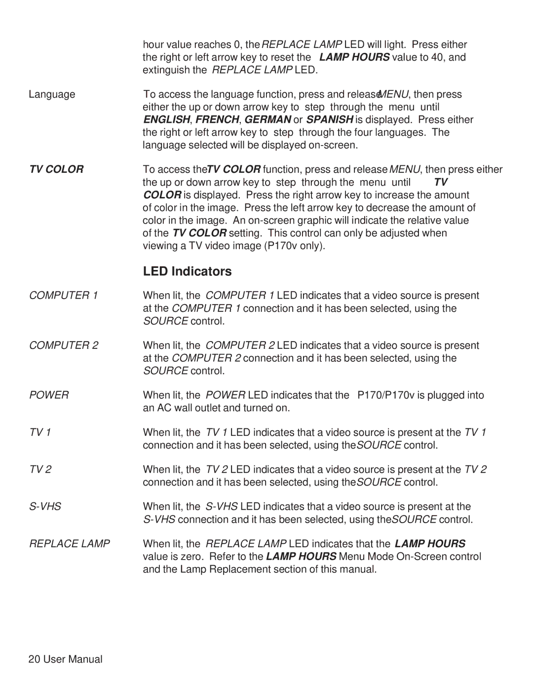 Telex P170 user manual LED Indicators, TV Color 