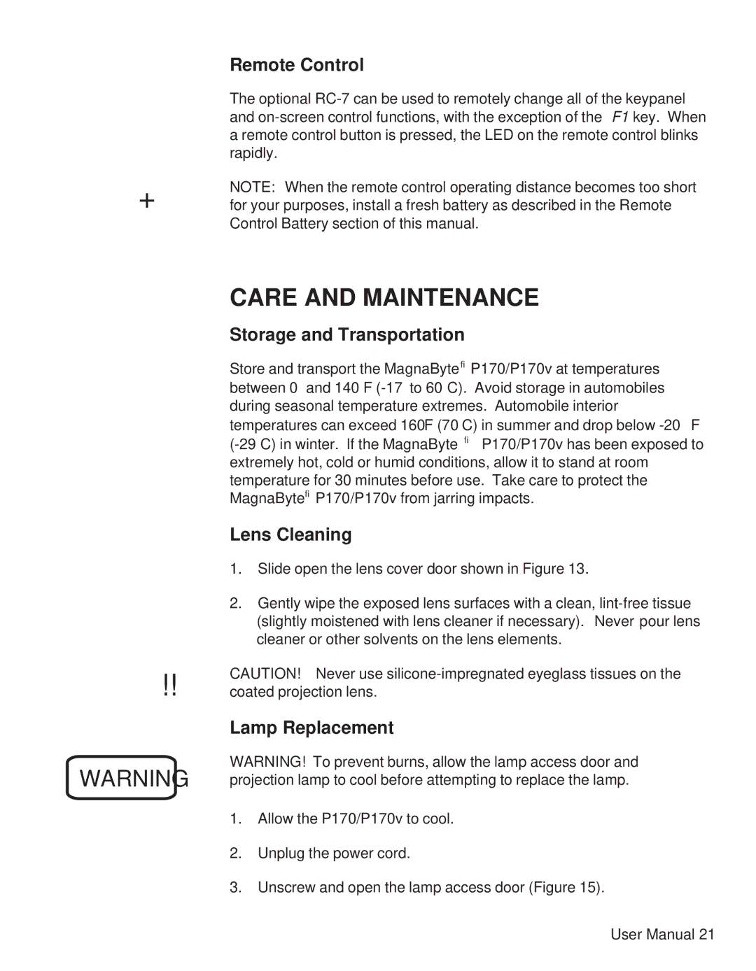 Telex P170 user manual Care and Maintenance, Remote Control, Storage and Transportation, Lens Cleaning, Lamp Replacement 