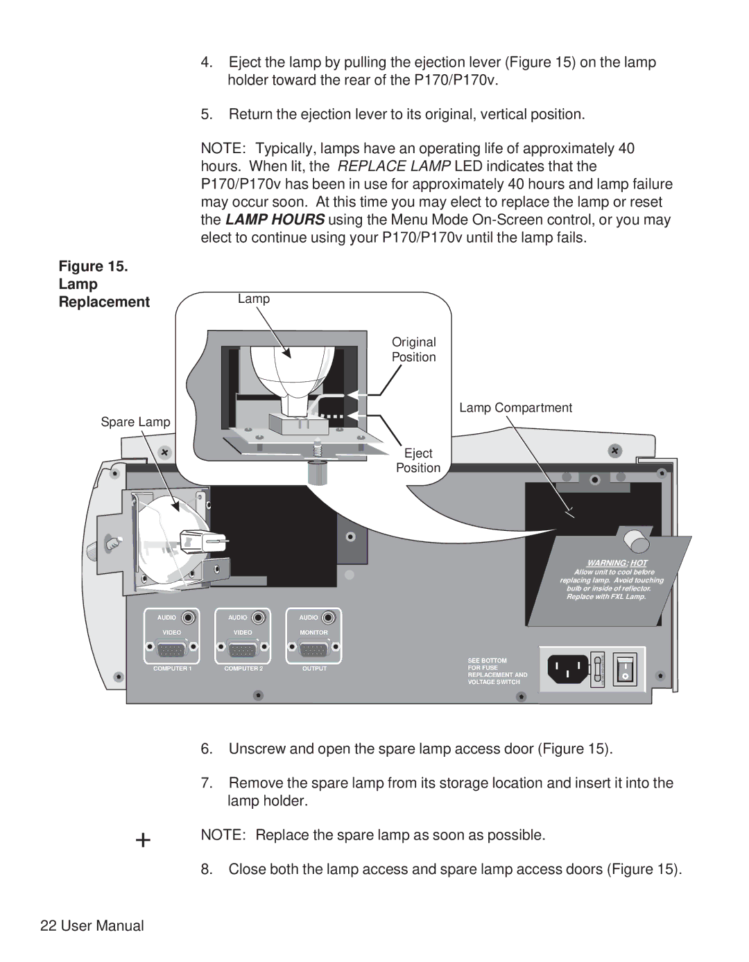 Telex P170 user manual Lamp ReplacementLamp, Original Position Lamp Compartment Eject 