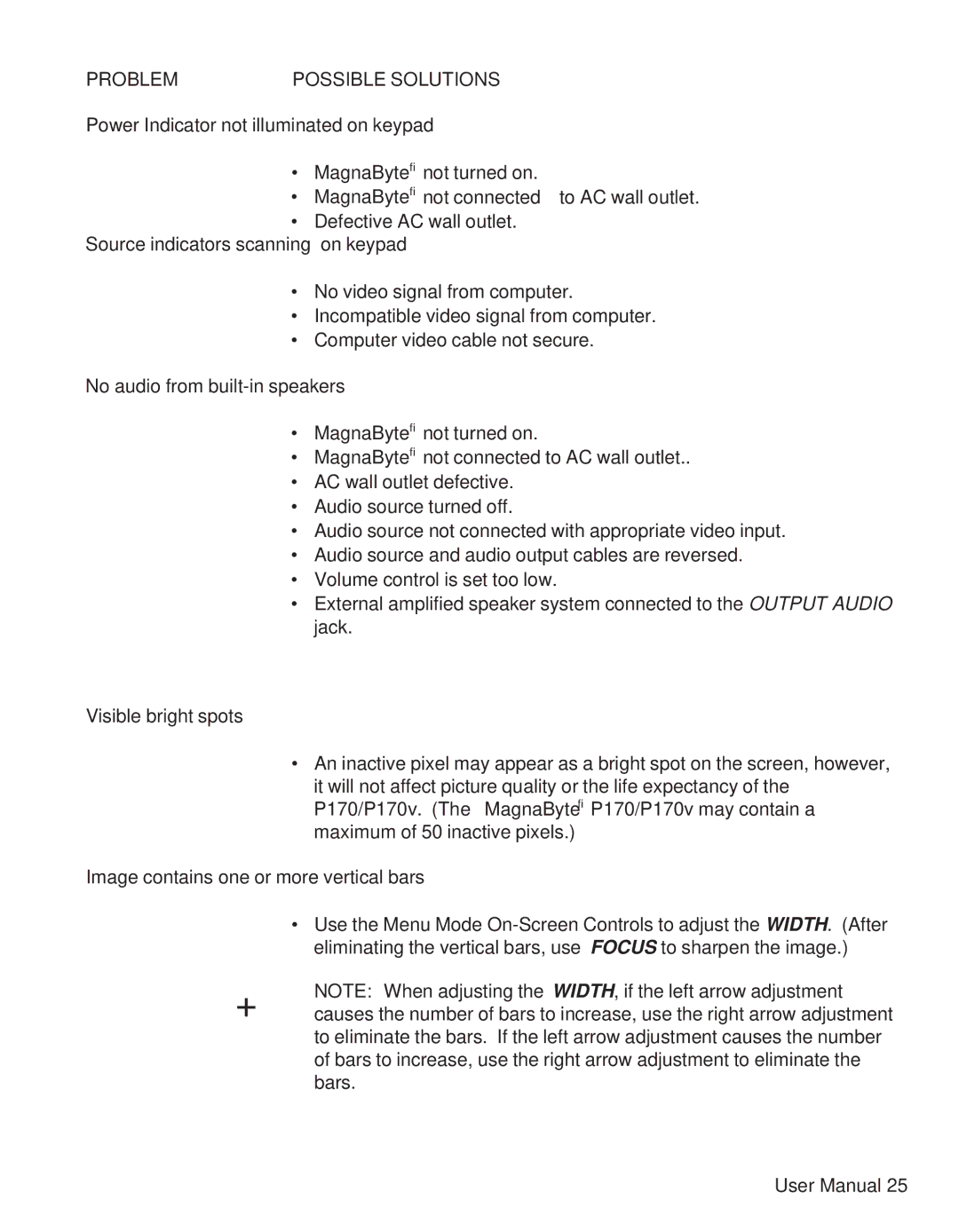 Telex P170 user manual Problem Possible Solutions 