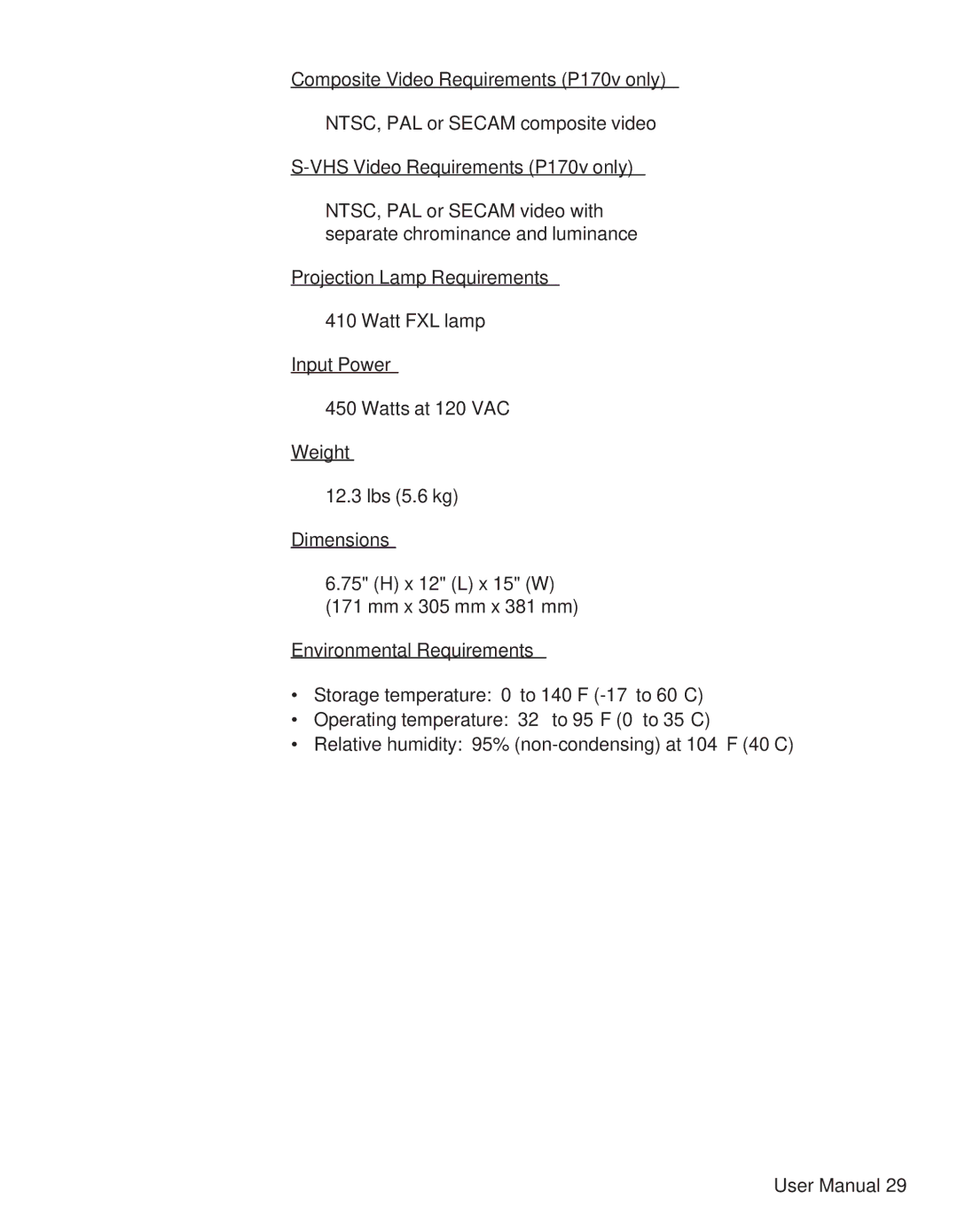 Telex user manual Composite Video Requirements P170v only 