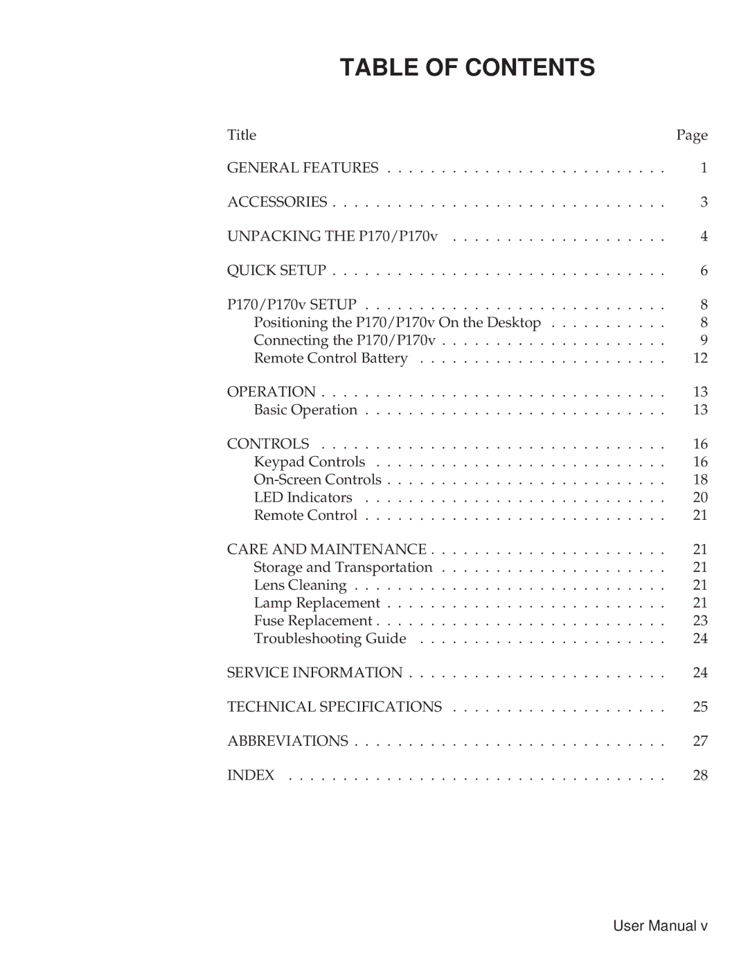 Telex P170 user manual Table of Contents 