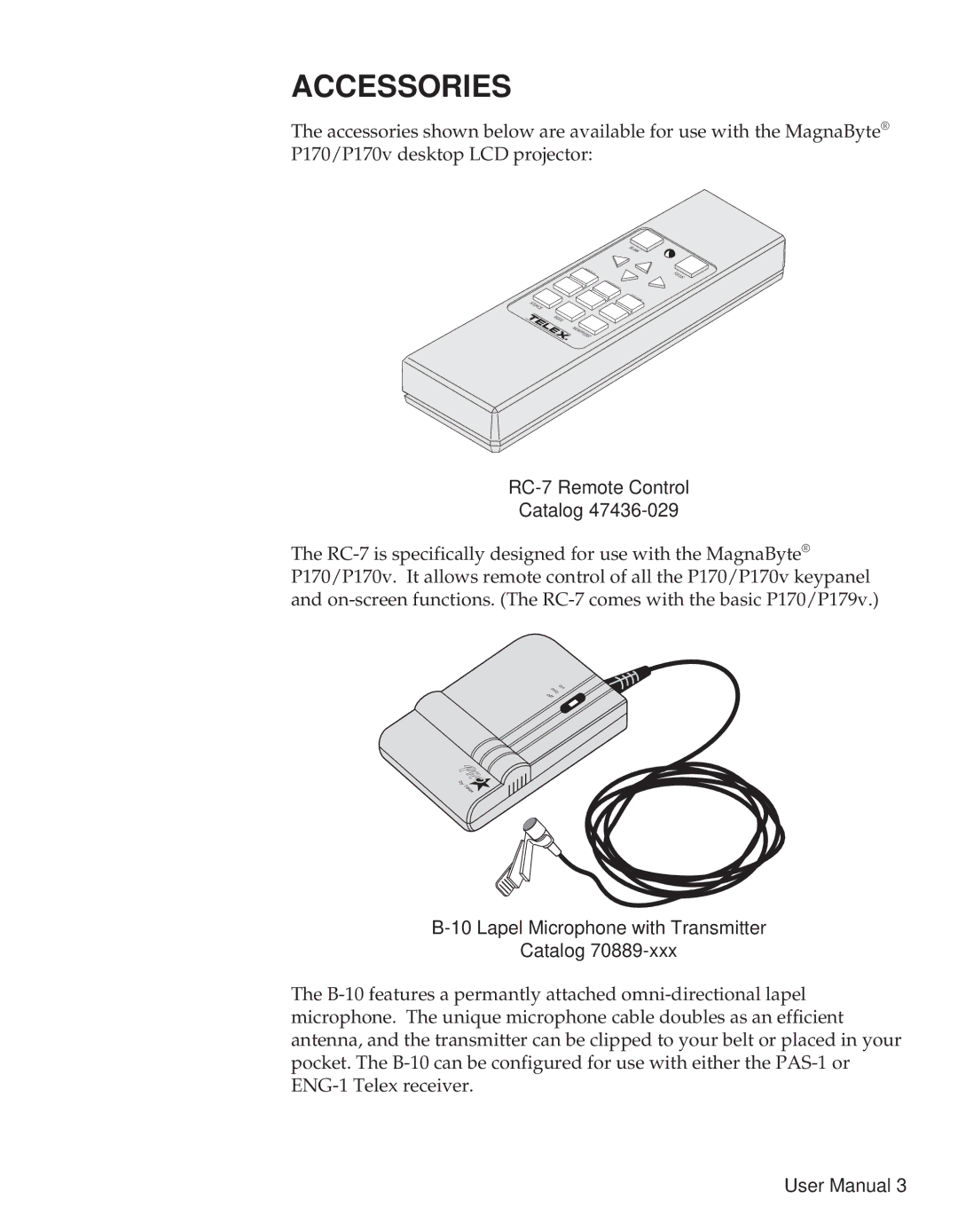 Telex P170 user manual Accessories, RC-7 Remote Control Catalog 