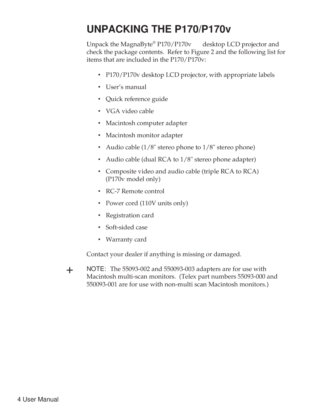 Telex user manual Unpacking the P170/P170v 