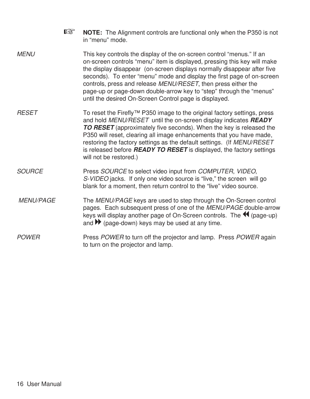 Telex P350 user manual Menu 