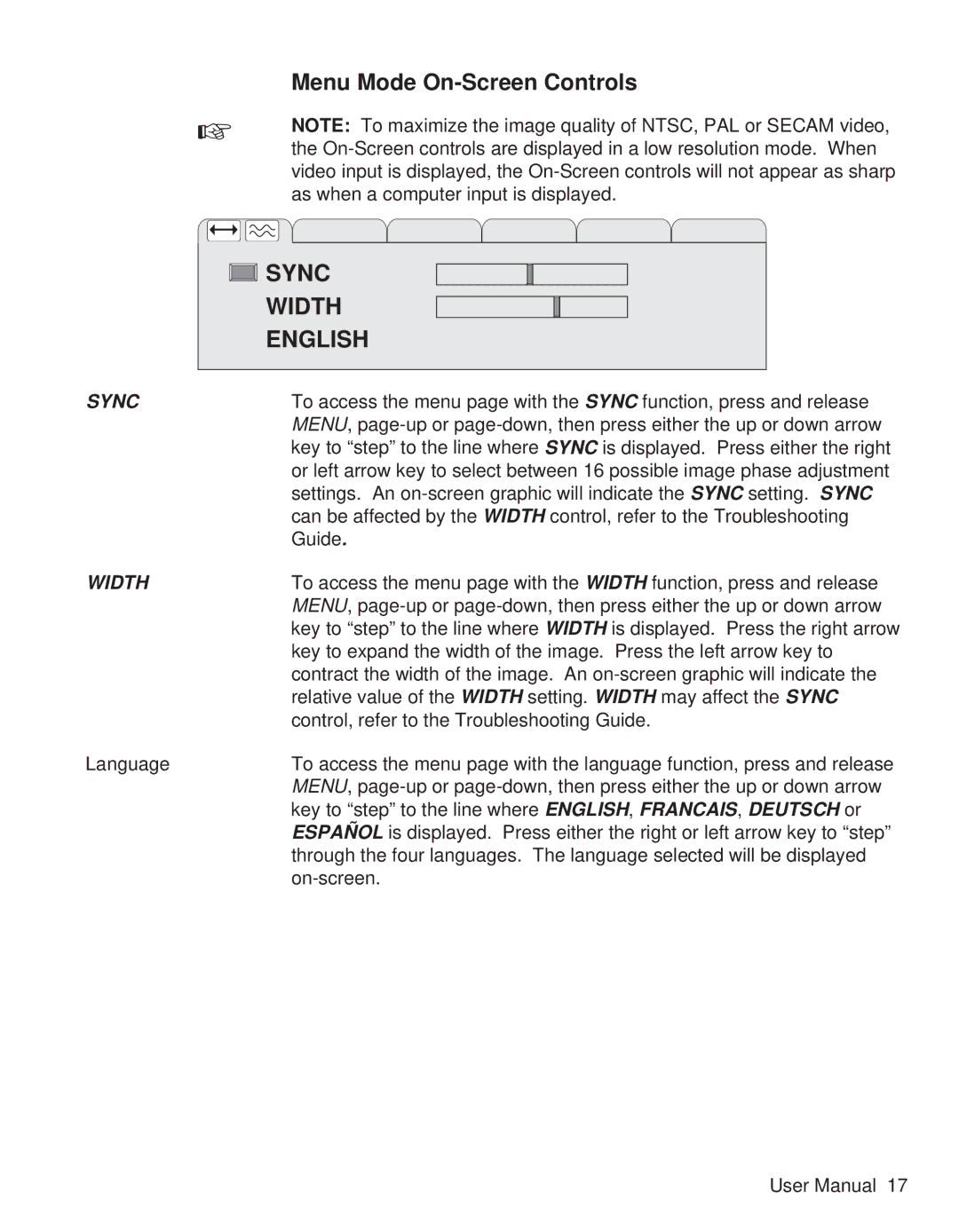 Telex P350 user manual Menu Mode On-Screen Controls, English 