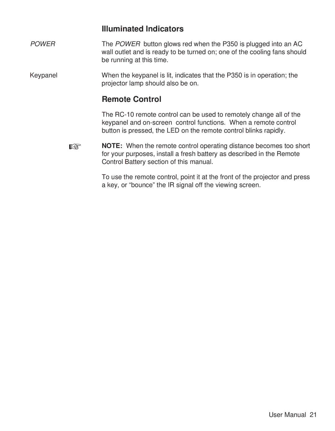 Telex P350 user manual Illuminated Indicators, Remote Control 