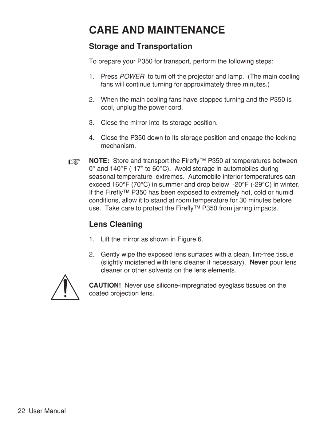 Telex P350 user manual Care and Maintenance, Storage and Transportation, Lens Cleaning 