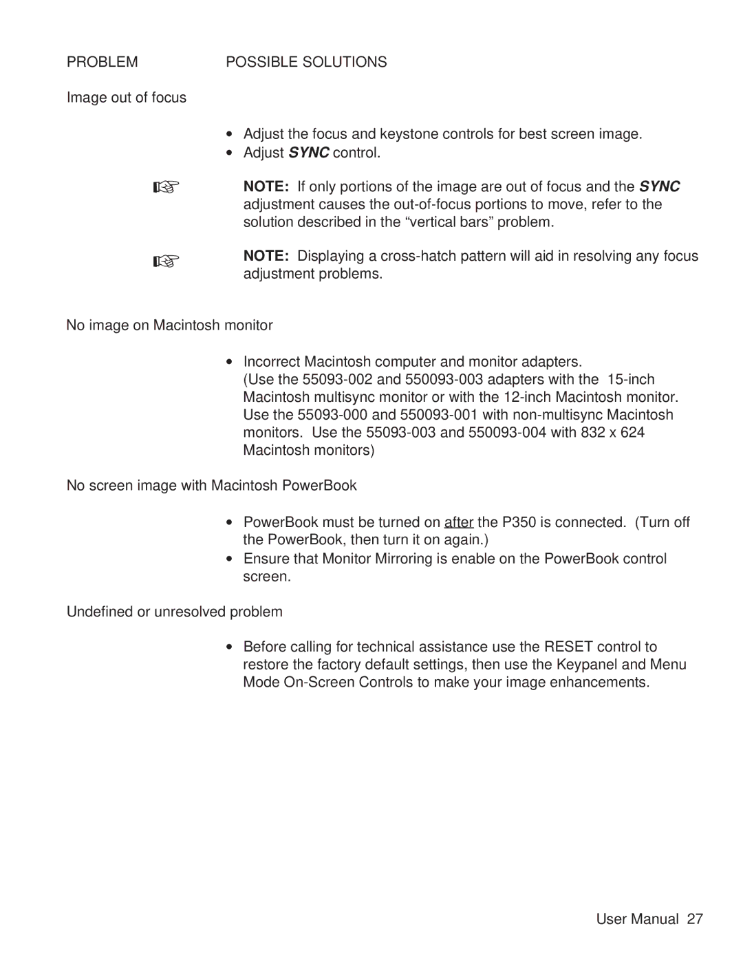 Telex P350 user manual Problem Possible Solutions 