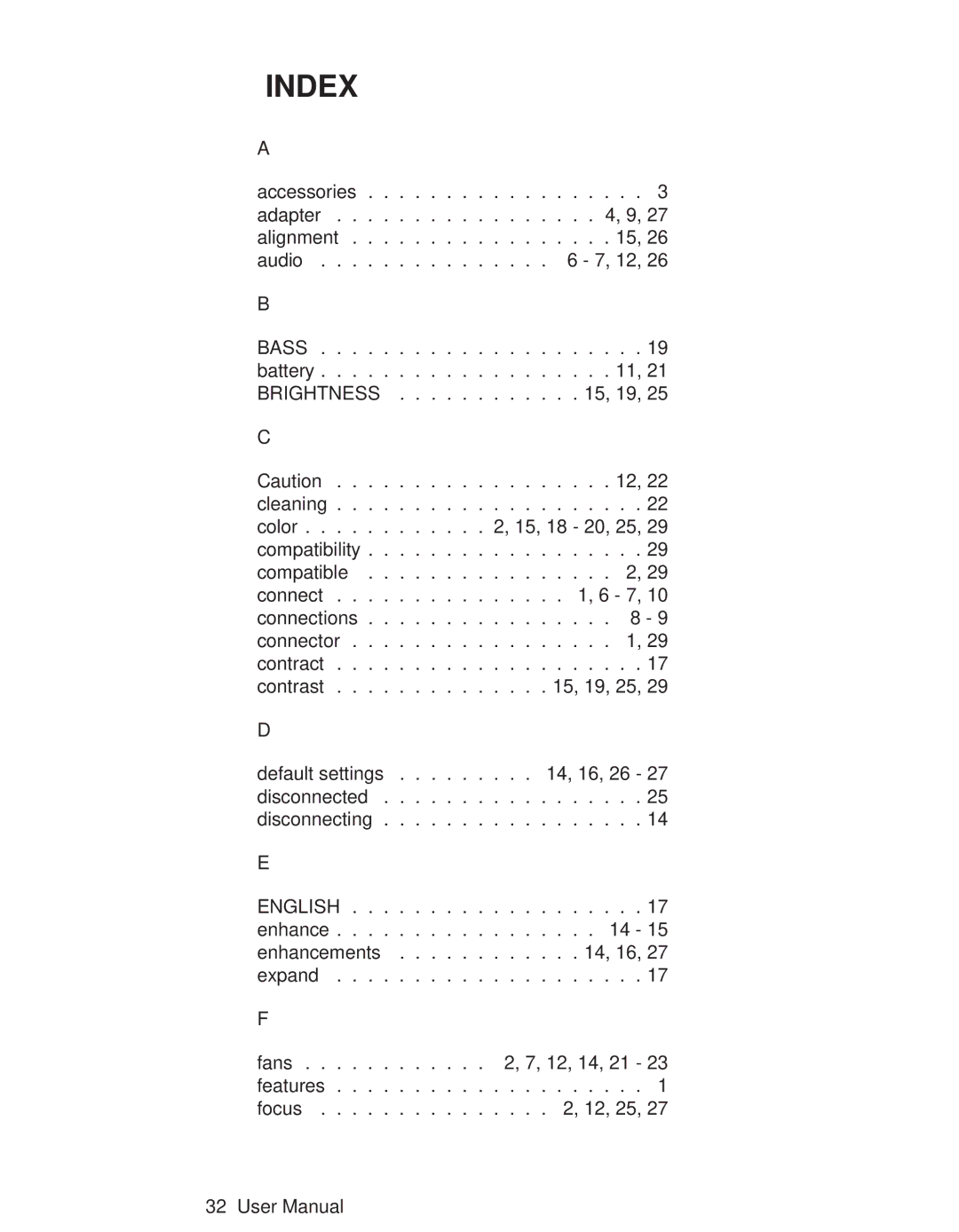 Telex P350 user manual Index, Bass 