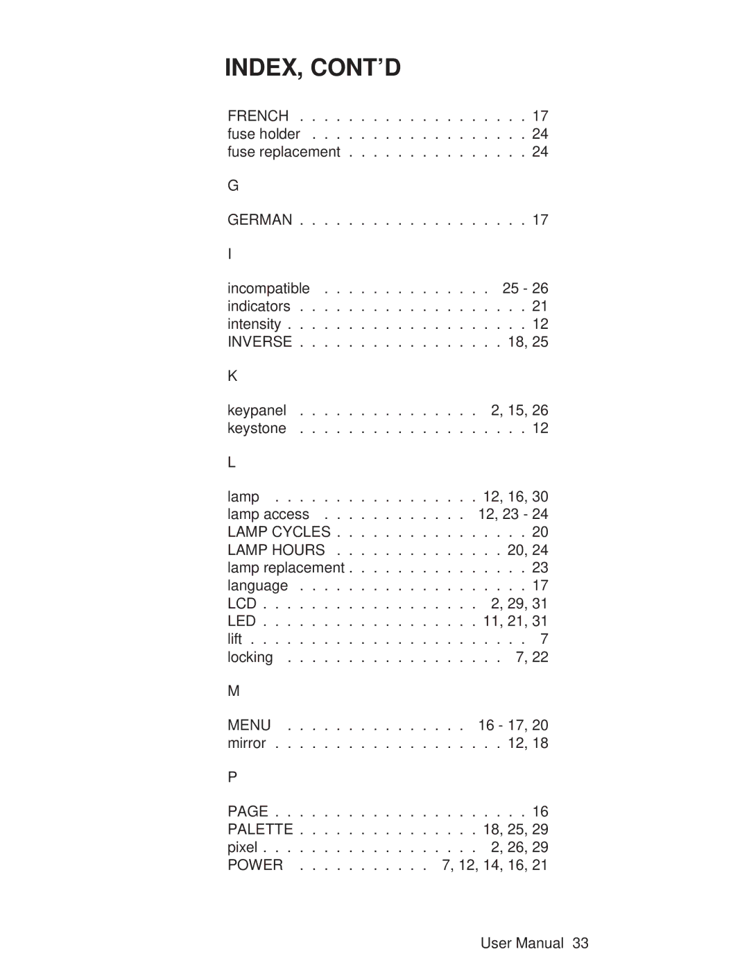 Telex P350 user manual Index, Cont’D 