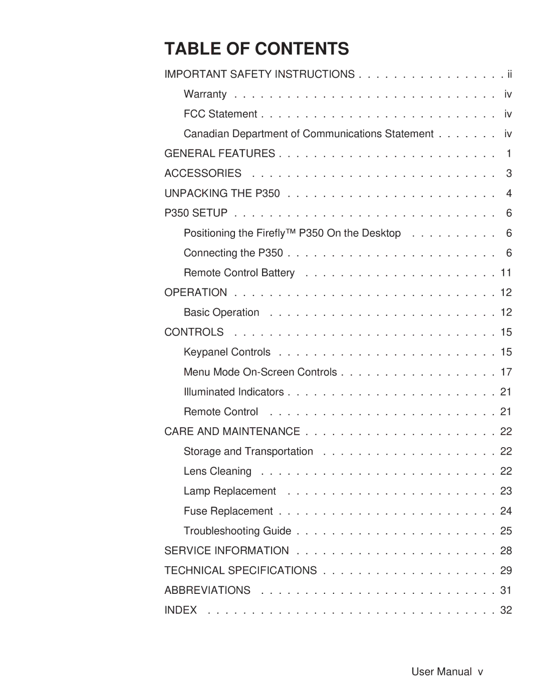 Telex P350 user manual Table of Contents 