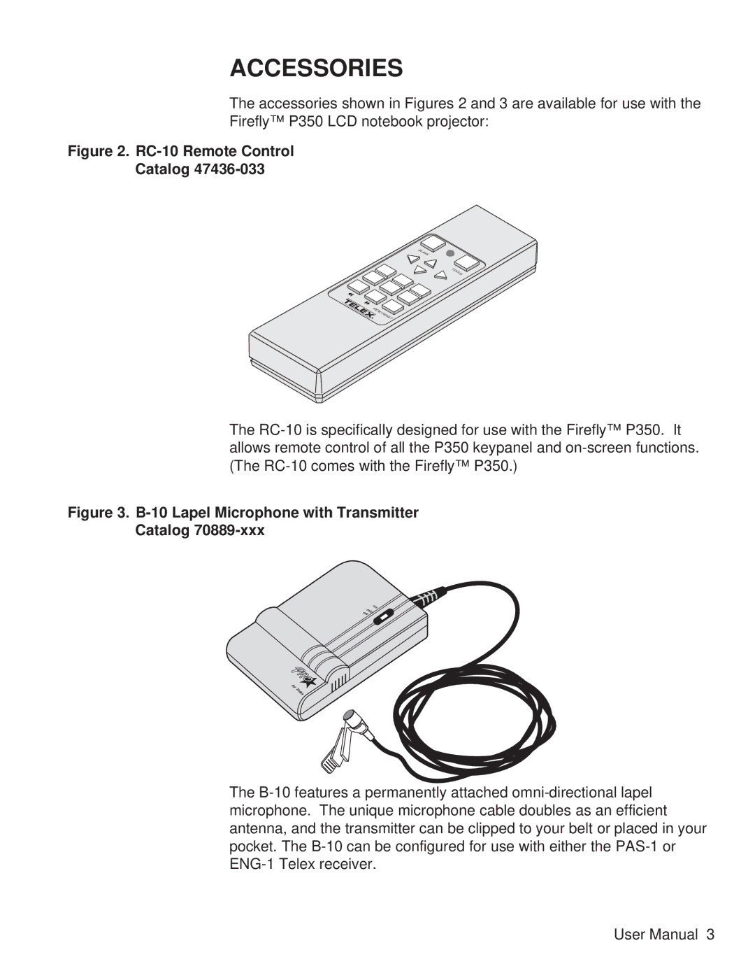 Telex P350 user manual Accessories, RC-10 Remote Control Catalog 