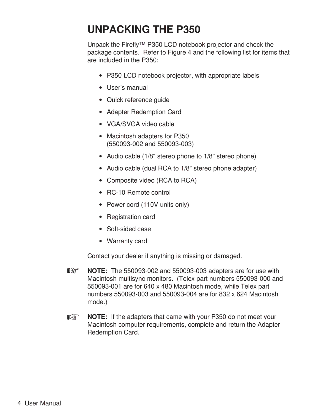 Telex user manual Unpacking the P350 