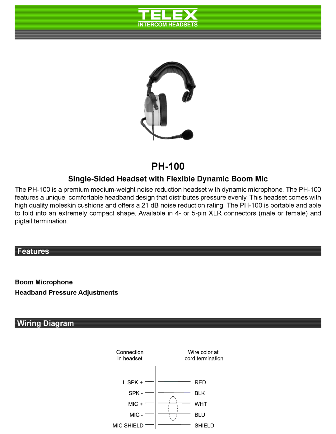 Telex PH-100 manual Single-Sided Headset with Flexible Dynamic Boom Mic, Boom Microphone Headband Pressure Adjustments 