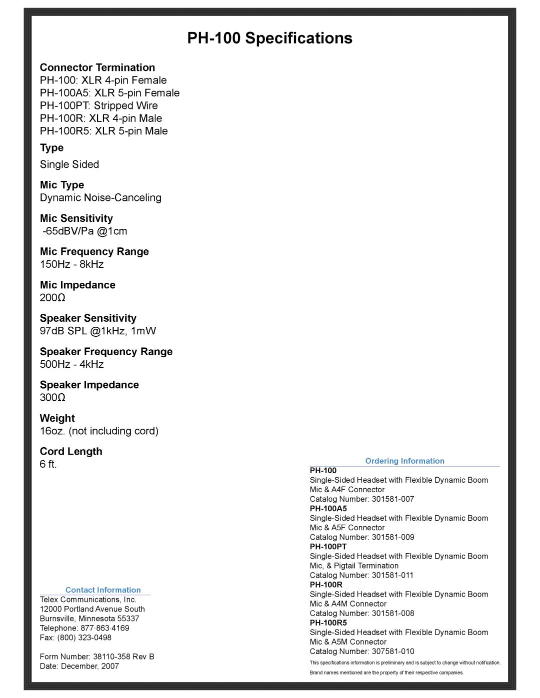 Telex manual PH-100 Specifications 