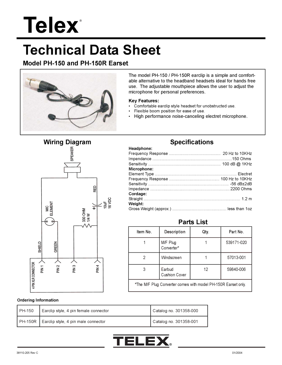 Telex specifications Model PH-150 and PH-150R Earset, Wiring Diagram Specifications, Description 