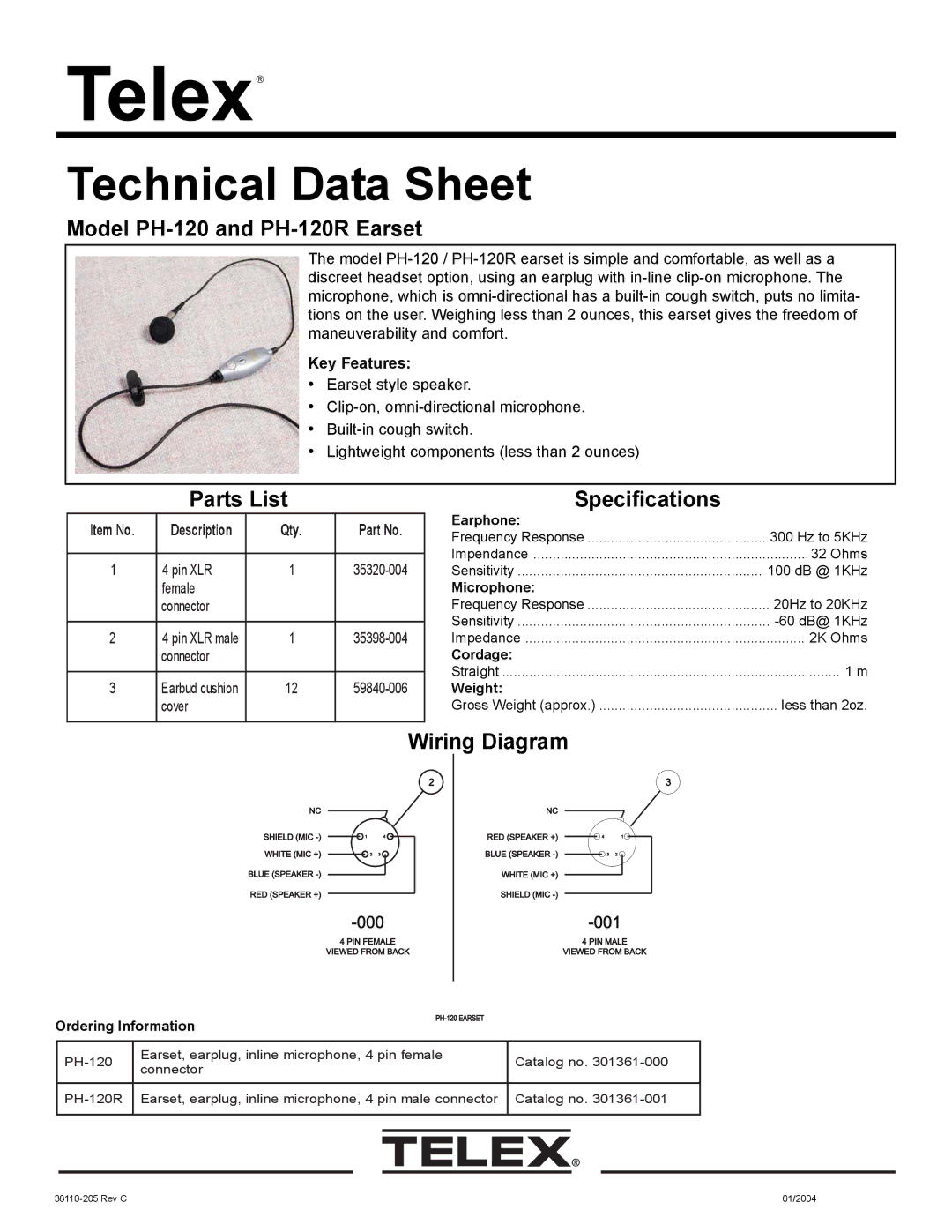 Telex PH-150R specifications Model PH-120 and PH-120R Earset, Parts List, Wiring Diagram, Item No, Qty 