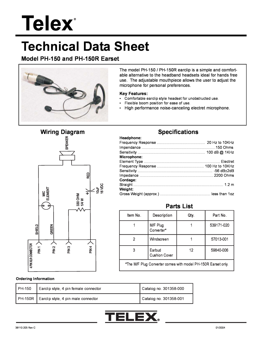Telex specifications Technical Data Sheet, Model PH-150 and PH-150R Earset, Wiring Diagram, Specifications, Description 
