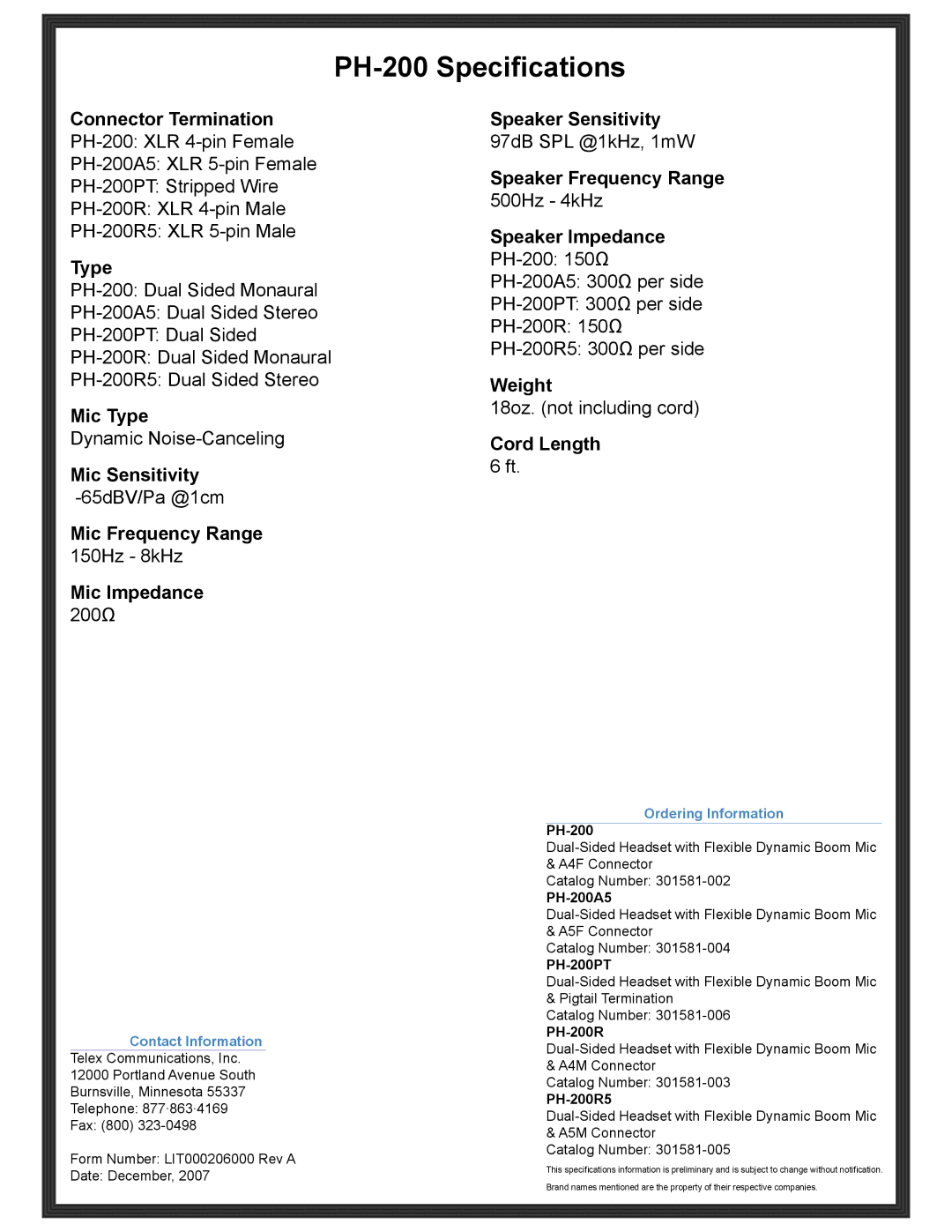 Telex PH-200PT, PH-200A5, PH-200R5 manual PH-200 Specifications 