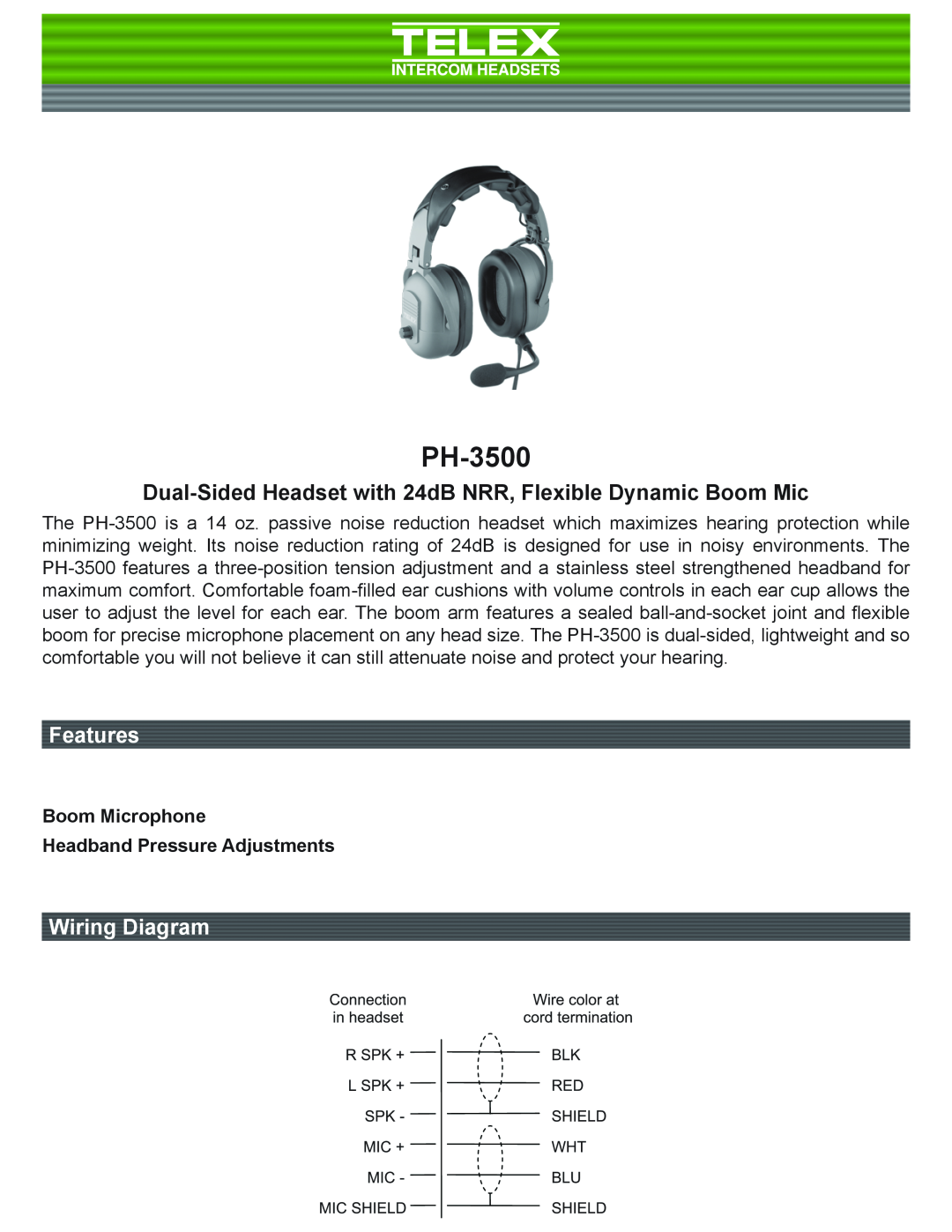 Telex PH-3500 manual Headband Pressure Adjustments, Telex, Description and Wiring Diagrams, General Description, Operation 
