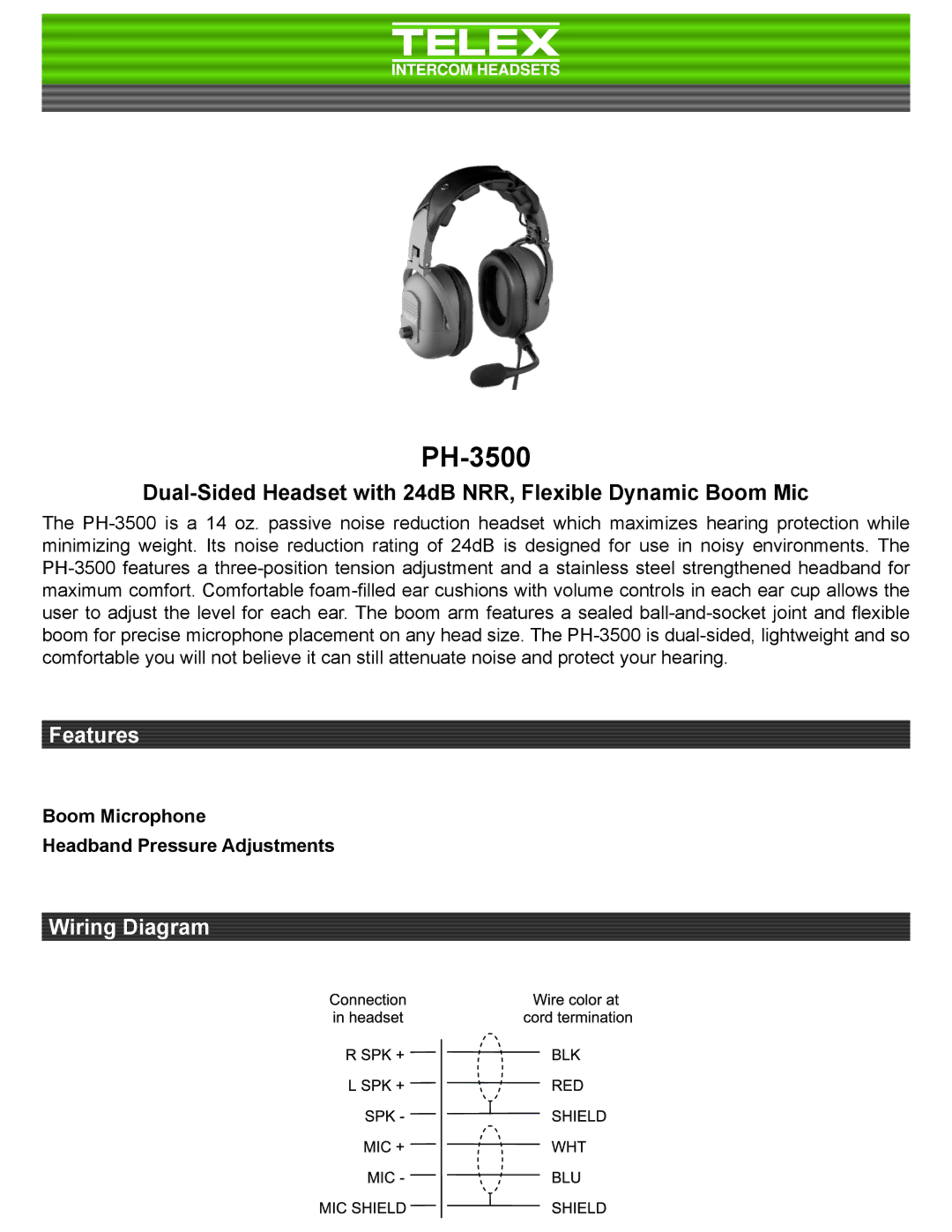 Telex PH-3500 manual Dual-Sided Headset with 24dB NRR, Flexible Dynamic Boom Mic 