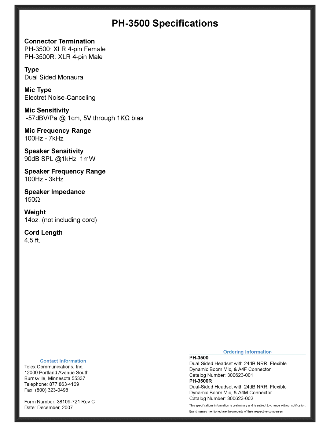 Telex manual PH-3500 Specifications 