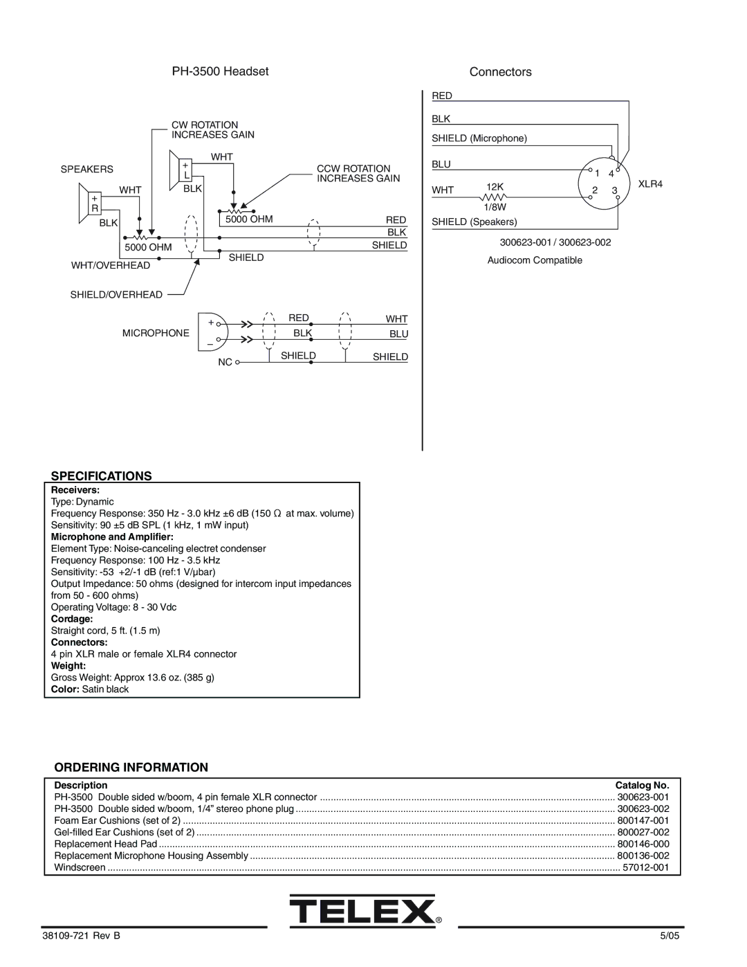 Telex PH-3500 manual Specifications, Ordering Information 