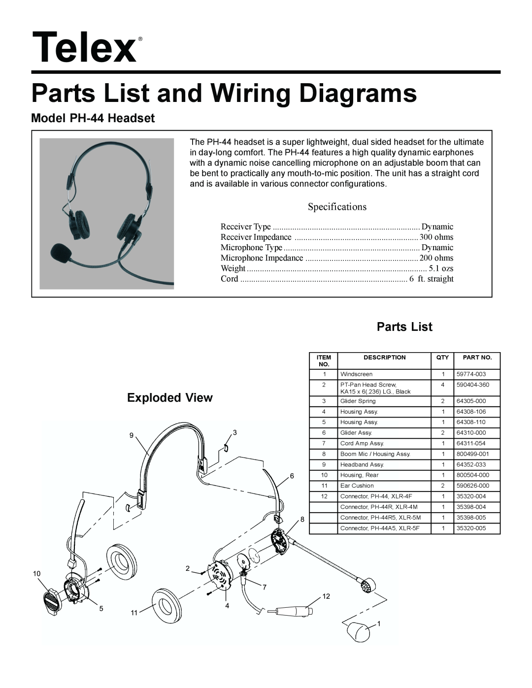 Telex specifications Model PH-44Headset, Exploded View, Parts List and Wiring Diagrams, Specifications 