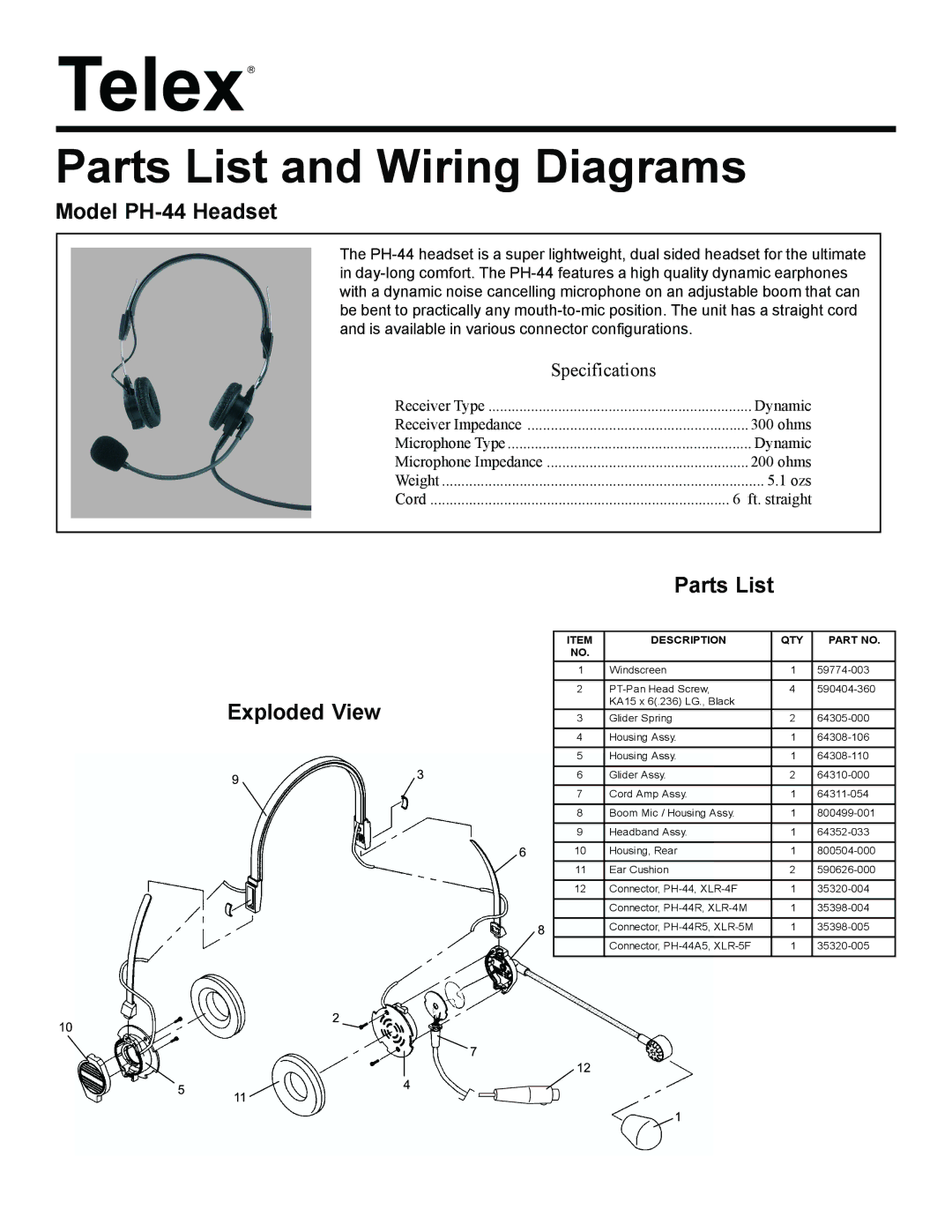 Telex specifications Parts List and Wiring Diagrams, Model PH-44 Headset, Exploded View Parts List, Specifications 