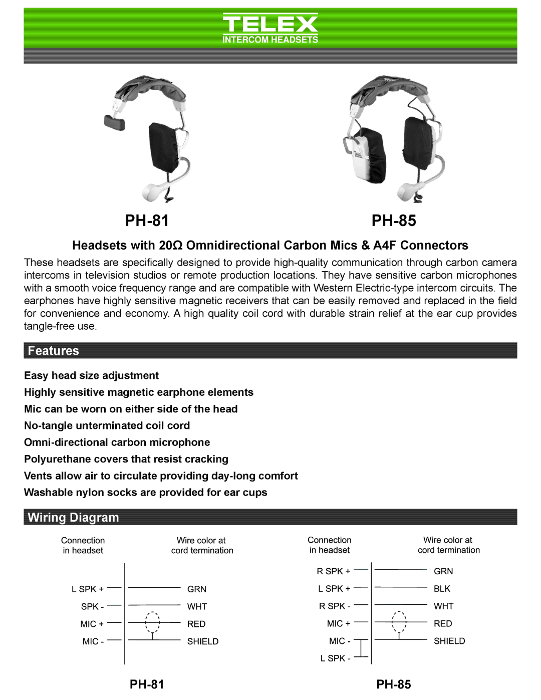 Telex installation instructions Telex, Parts List and Wiring Diagrams, Model PH-81 Headset 