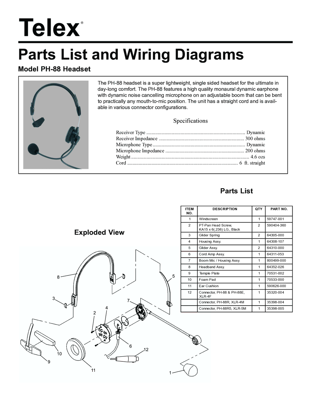 Telex specifications Parts List and Wiring Diagrams, Model PH-88 Headset, Exploded View Parts List, Specifications 