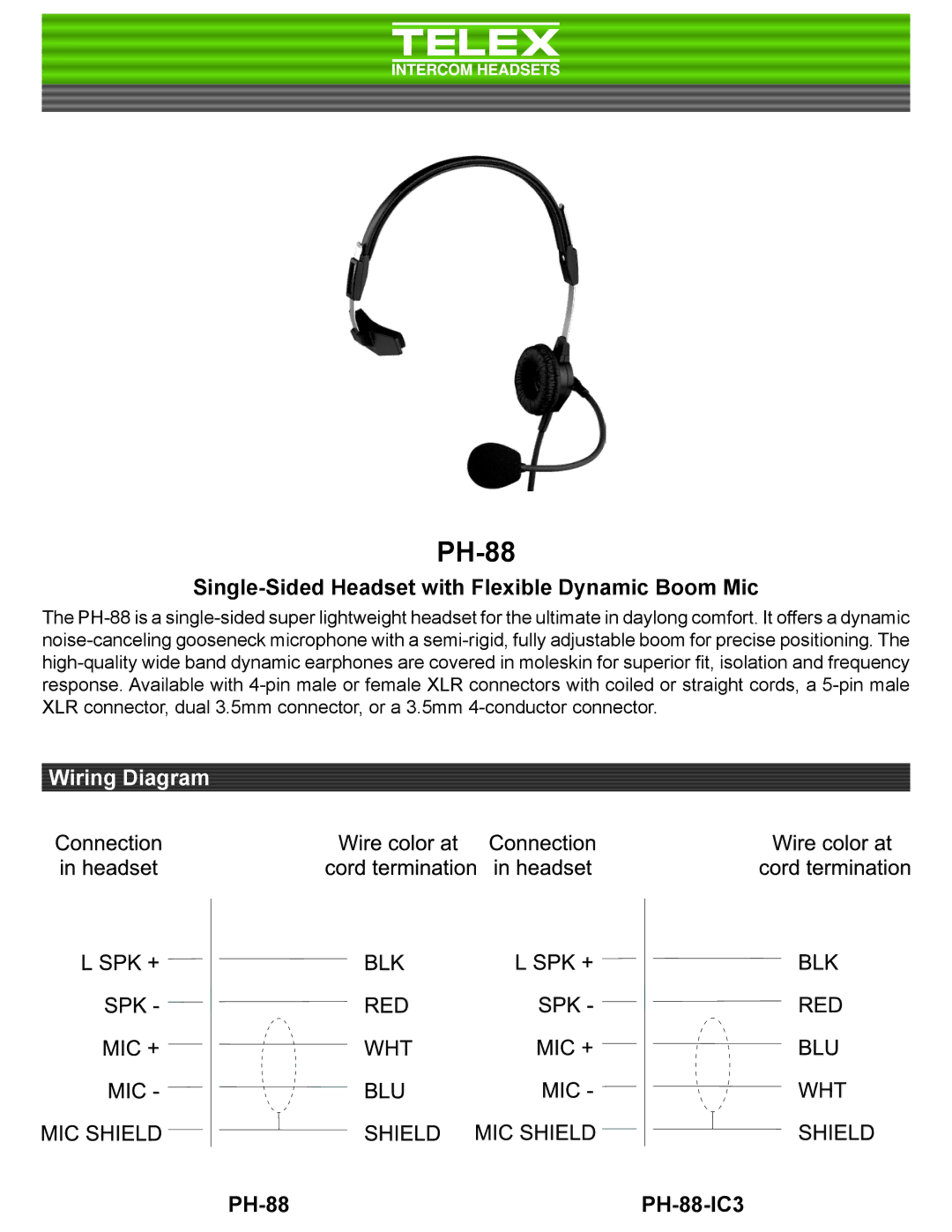 Telex PH-8S, PH-88R, PH-88ER manual Single-Sided Headset with Flexible Dynamic Boom Mic 