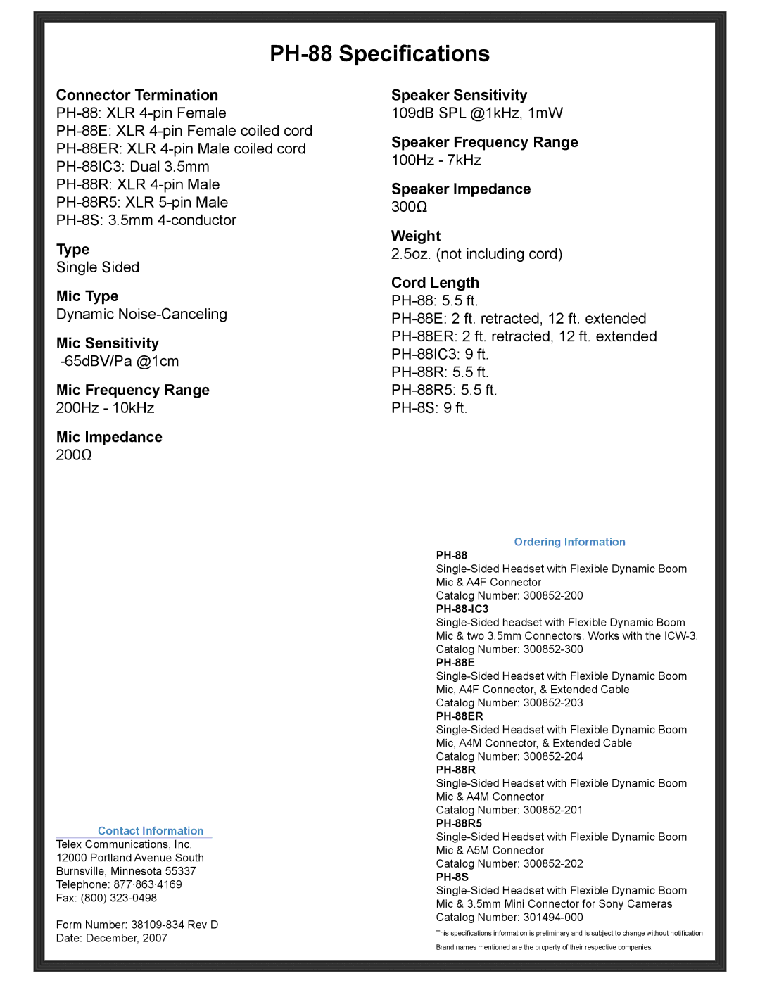 Telex PH-88ER, PH-88R, PH-8S manual PH-88 Specifications 