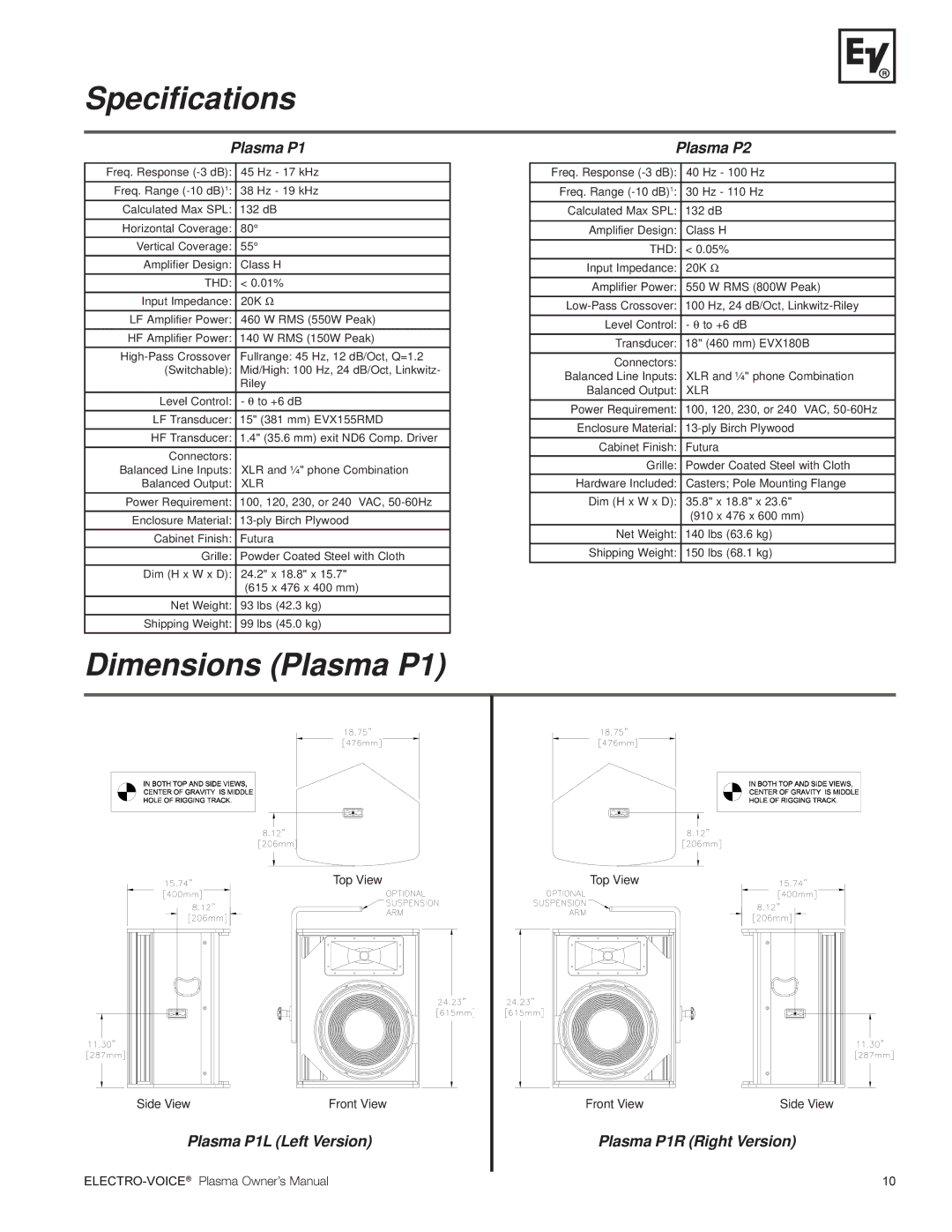 Telex Plasma Series manual Specifications, Dimensions Plasma P1 