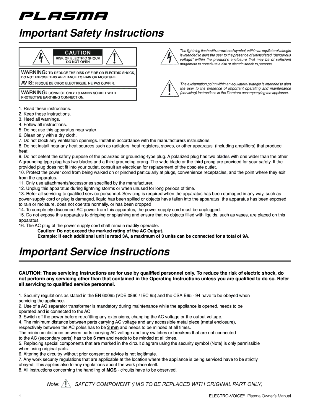 Telex Plasma Series manual Important Safety Instructions, Important Service Instructions 