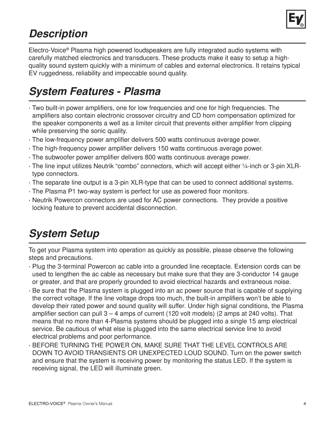 Telex Plasma Series manual Description, System Features Plasma, System Setup 