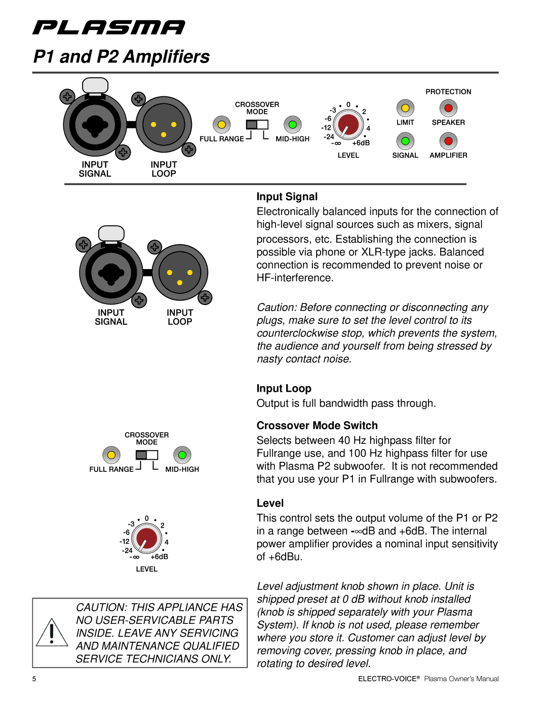 Telex Plasma Series manual P1 and P2 Amplifiers, Input Signal 