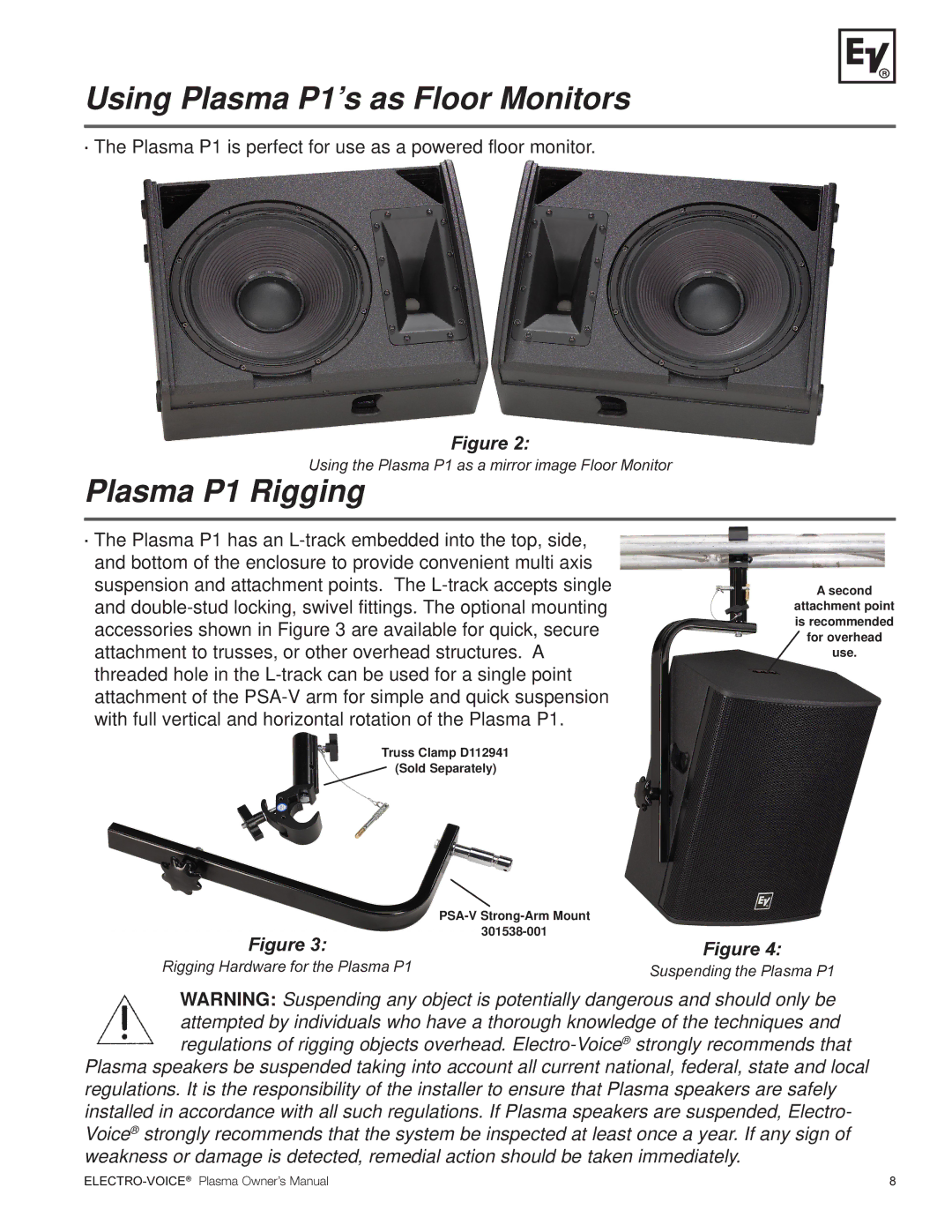 Telex Plasma Series manual Using Plasma P1’s as Floor Monitors, Plasma P1 Rigging 