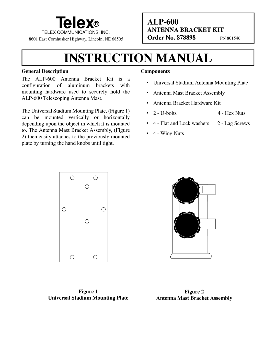 Telex PN 801546 instruction manual General Description, Components 