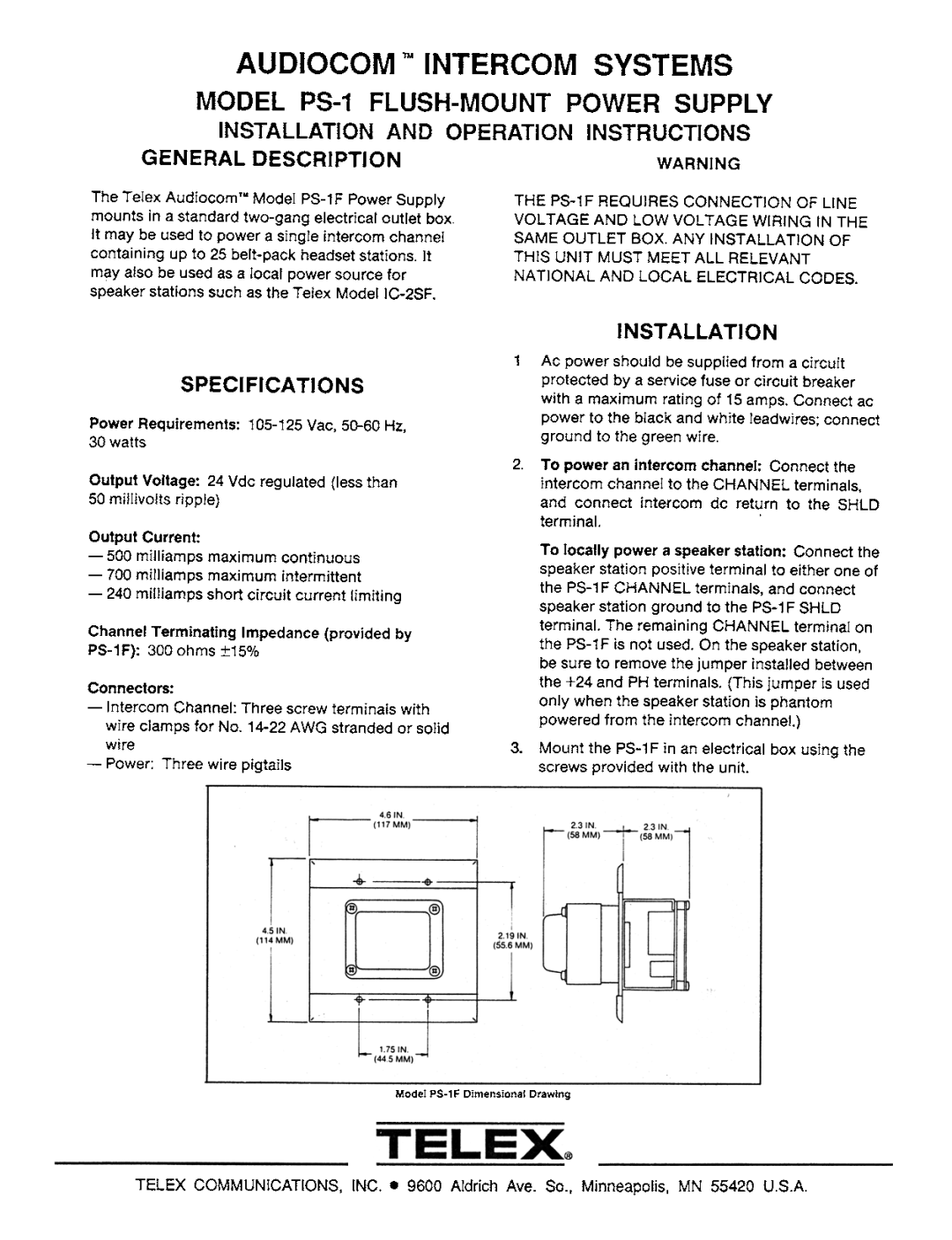 Telex PS-1 specifications Audiocom Intercom Systems, General Description, Specifications, Installation, Telex 