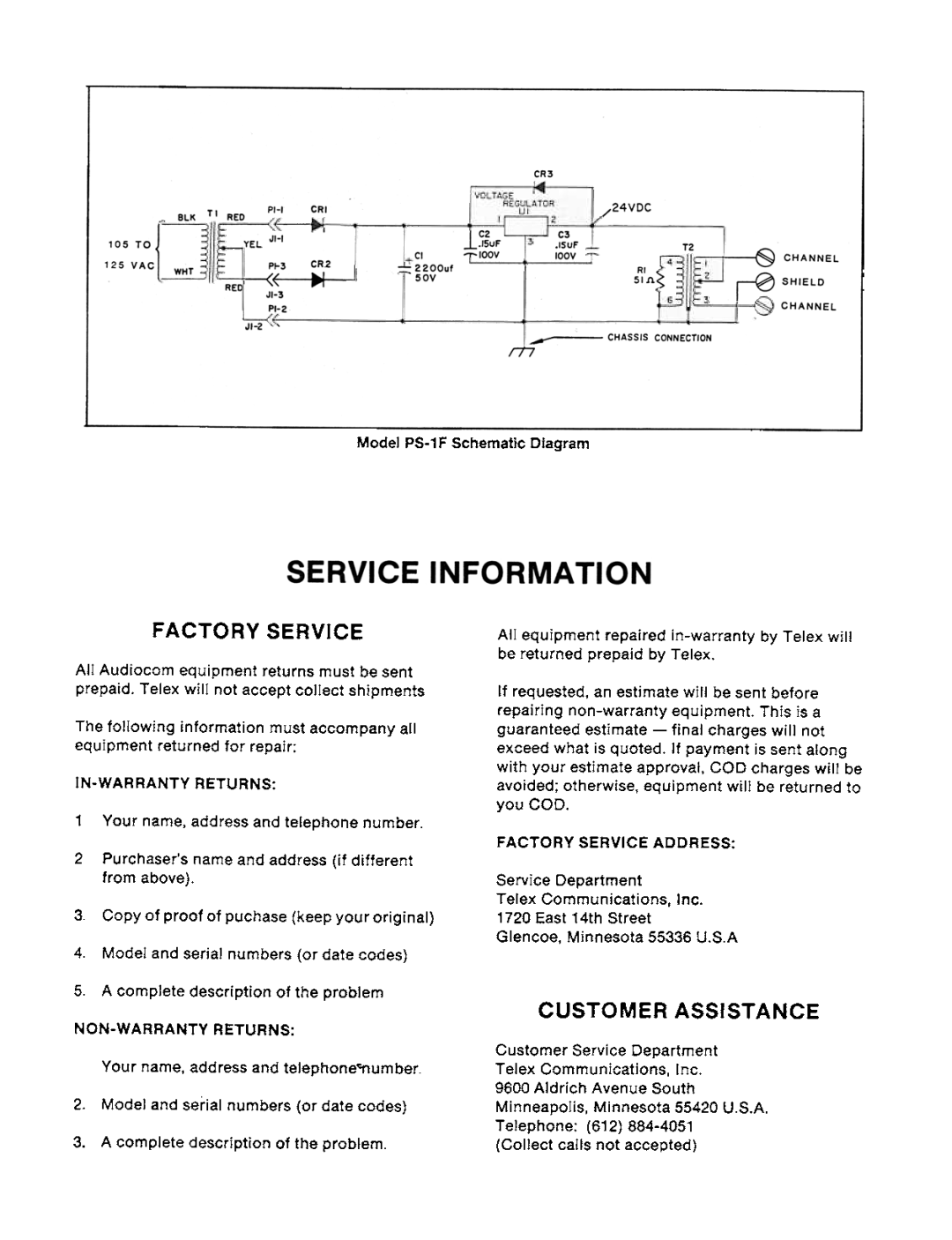 Telex PS-1 specifications Service Information, Factory Service, Customer Assistance 