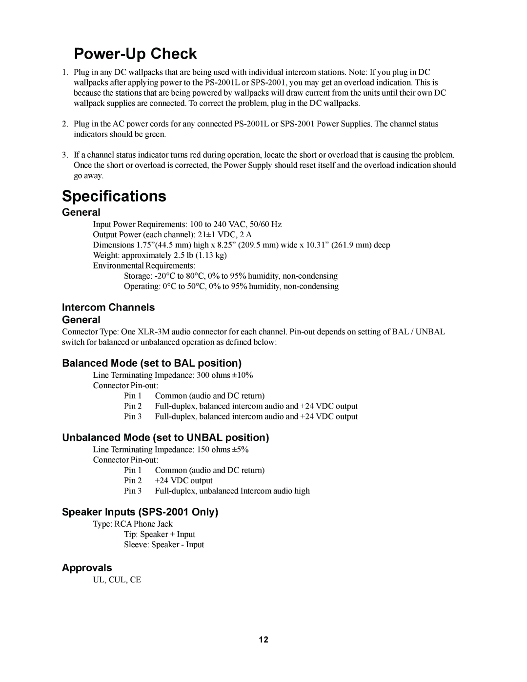 Telex PS-2001L, SPS-2001 manual Power-Up Check, Specifications 