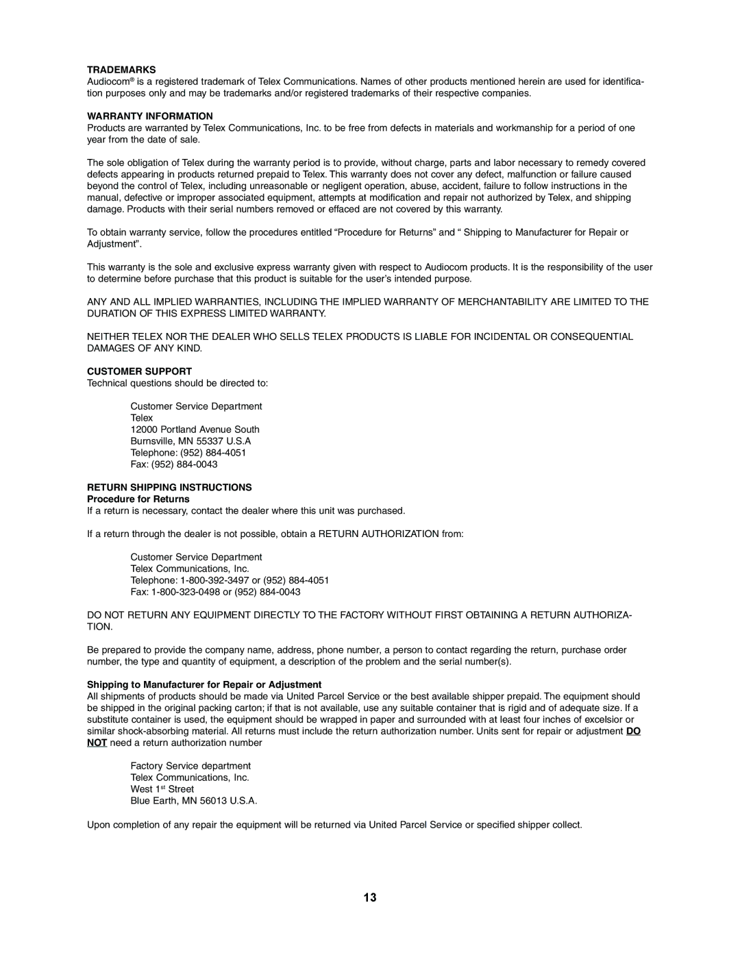 Telex SPS-2001, PS-2001L manual Trademarks 