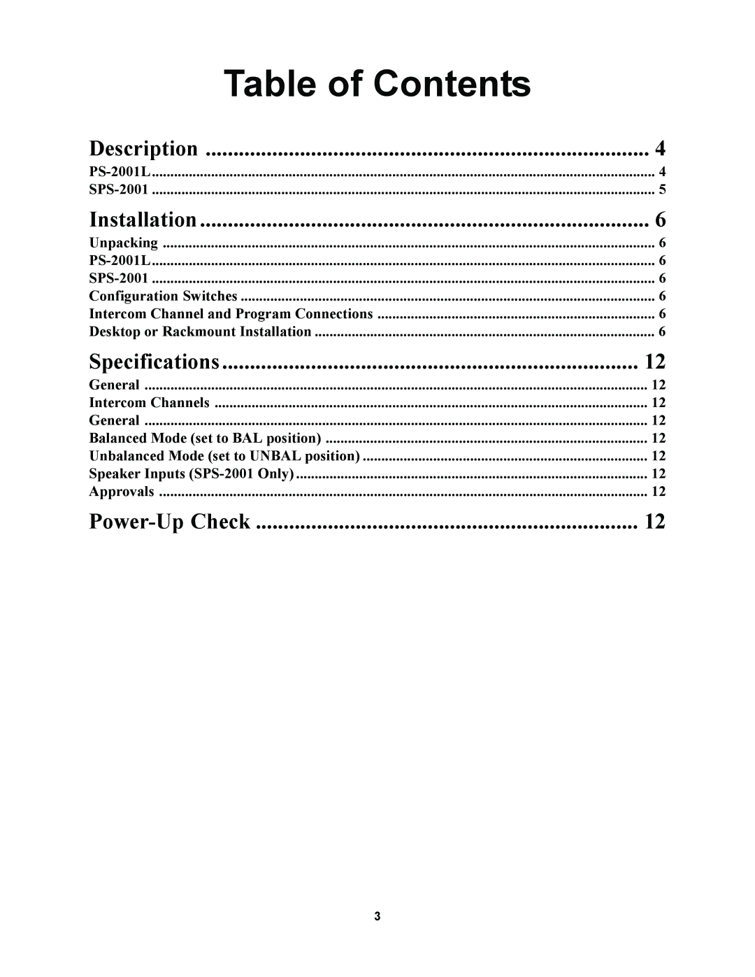 Telex SPS-2001, PS-2001L manual Table of Contents 