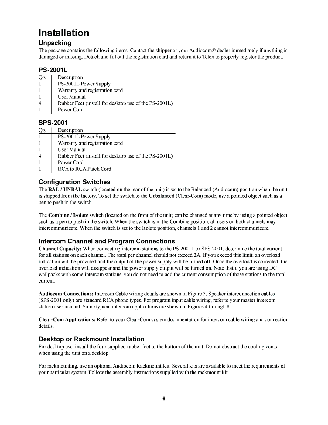 Telex PS-2001L, SPS-2001 manual Installation, Unpacking, Configuration Switches, Intercom Channel and Program Connections 