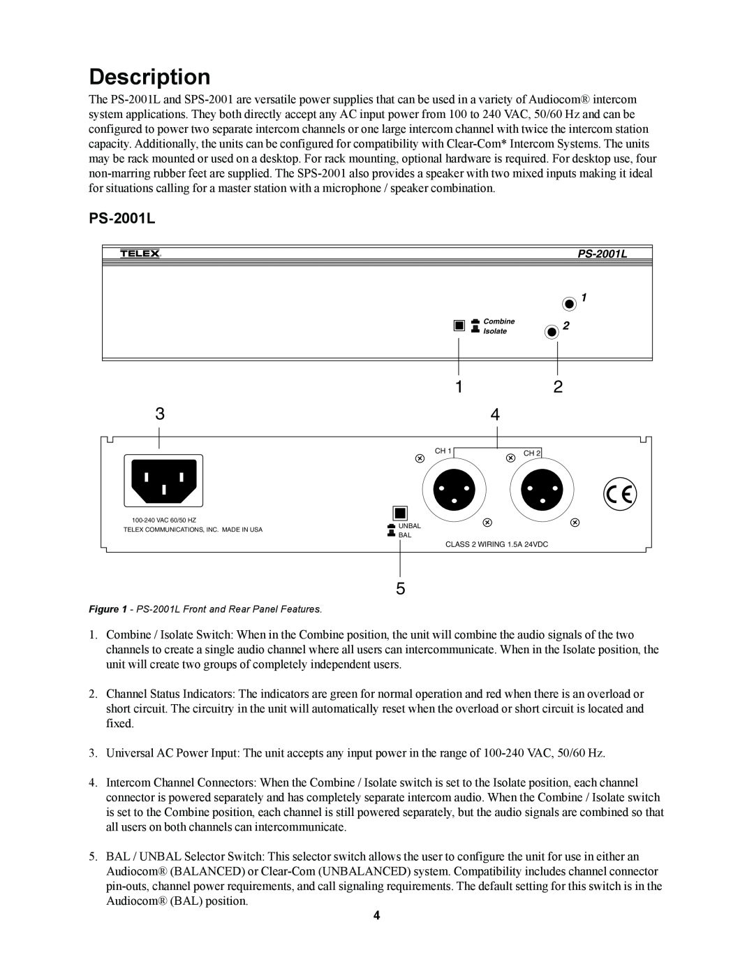 Telex PS-2001L, SPS-2001 manual Description 