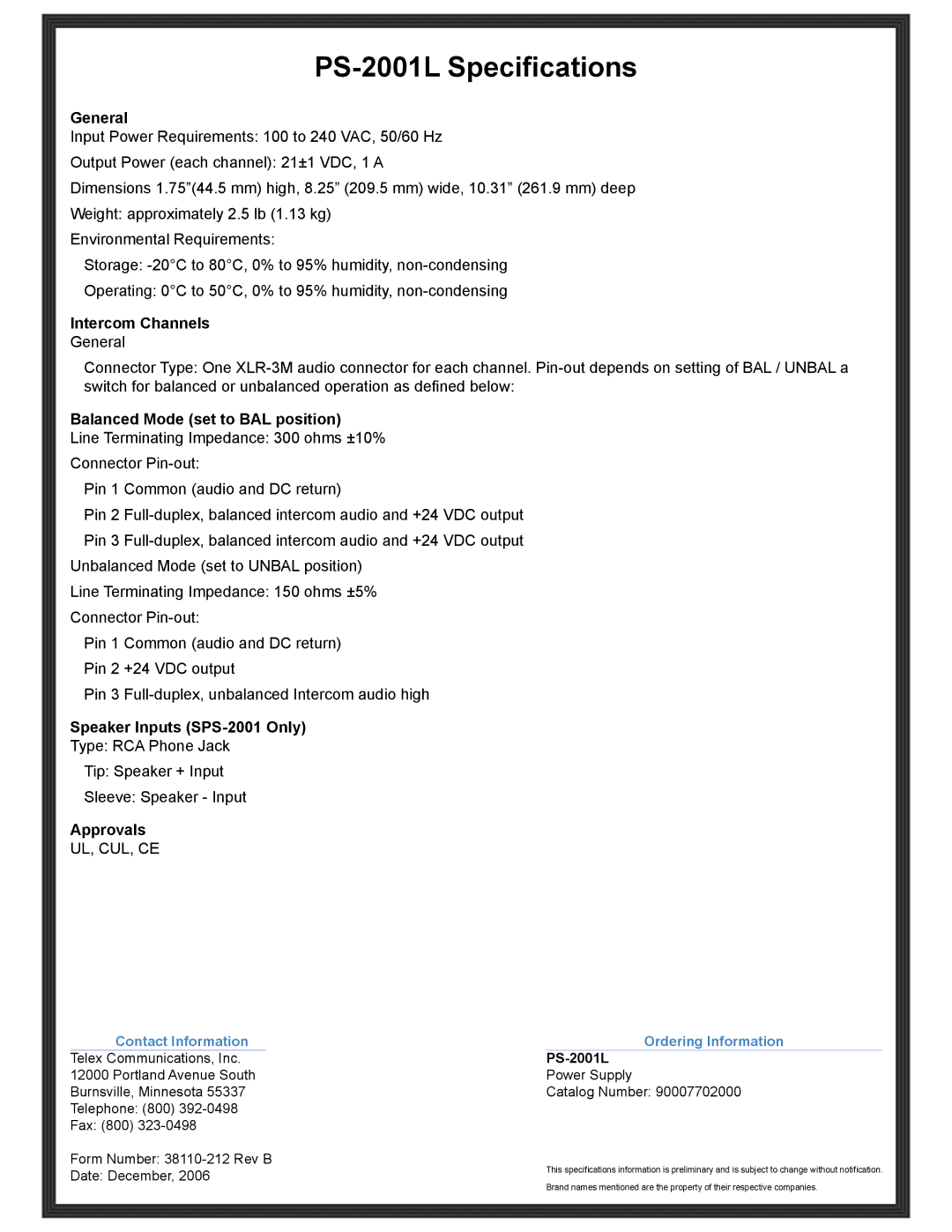 Telex manual PS-2001L Specifications 